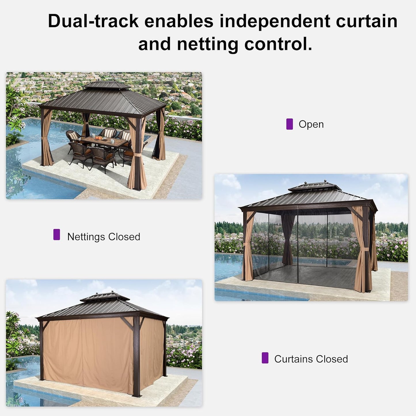 Outdoor Hardtop Gazebo 10' X 12' Bronze Metal 4.7" Wide Frame | Built-In Drainage Keeps Dry, Solid Steel Construction, Vented Roof Cooler Below, Netting & Curtains, Permanent Heavy Duty