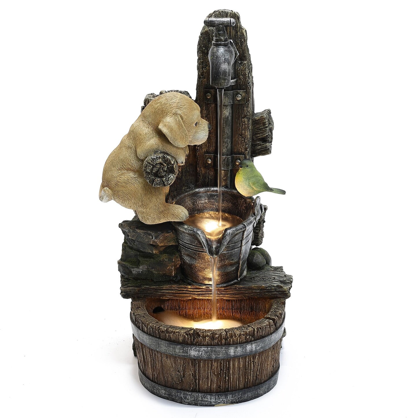 Outdoor Water Fountain, 25 Inch Whimsical Puppy Dog Resin Water Fountains Indoor with LED Lights