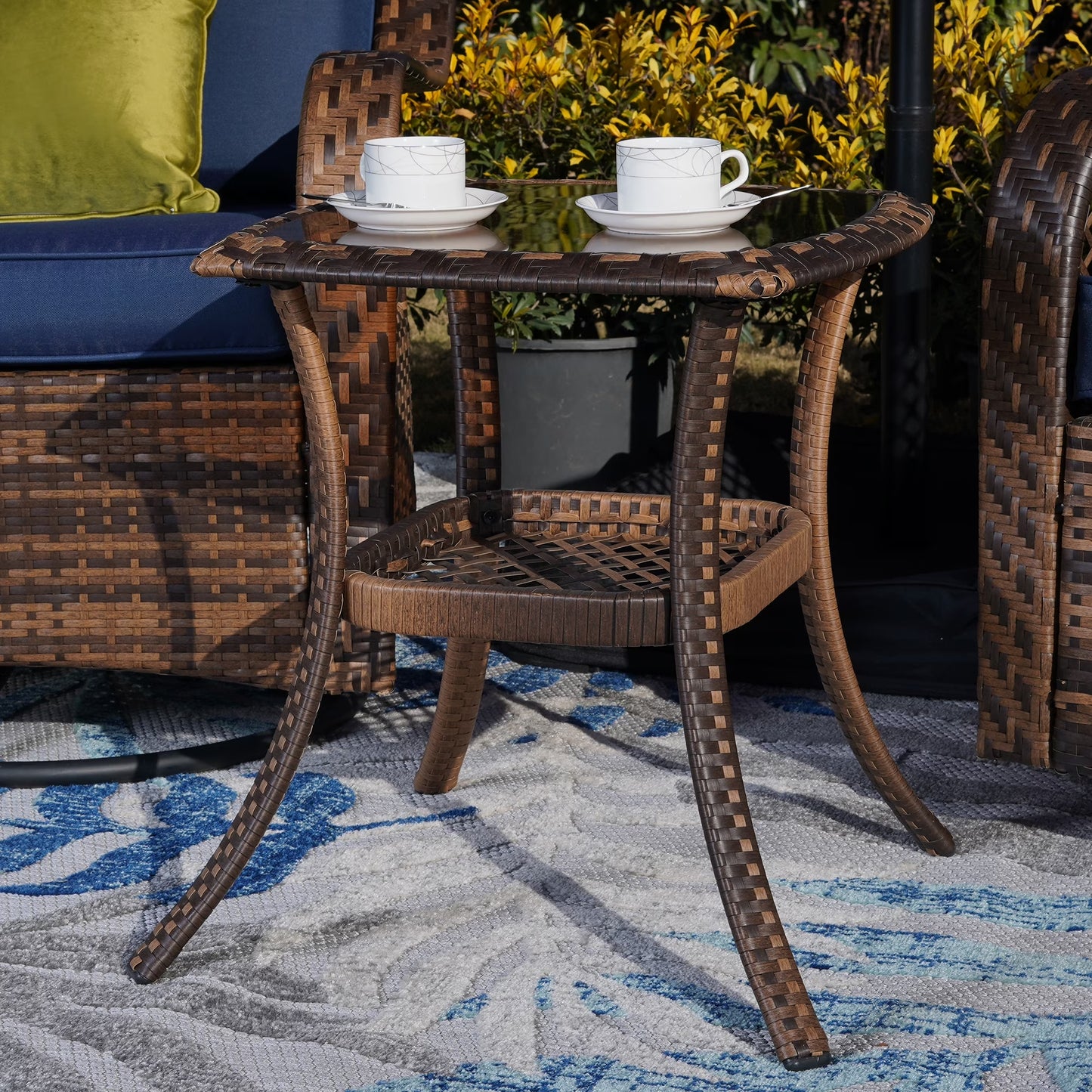 Rattan Swivel Rocking Chairs 3 PC Patio Conversation Set, Outdoor Bistro Set Lawn Garden with 2 Cushioned Chairs & 1 Side Table