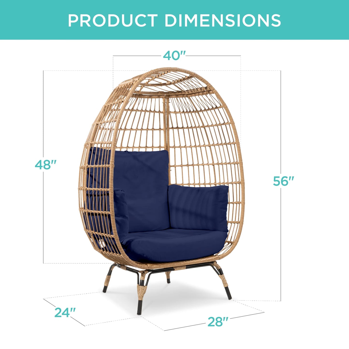 Wicker Egg Chair Oversized Indoor Outdoor Patio Lounger W/ Steel Frame - Navy