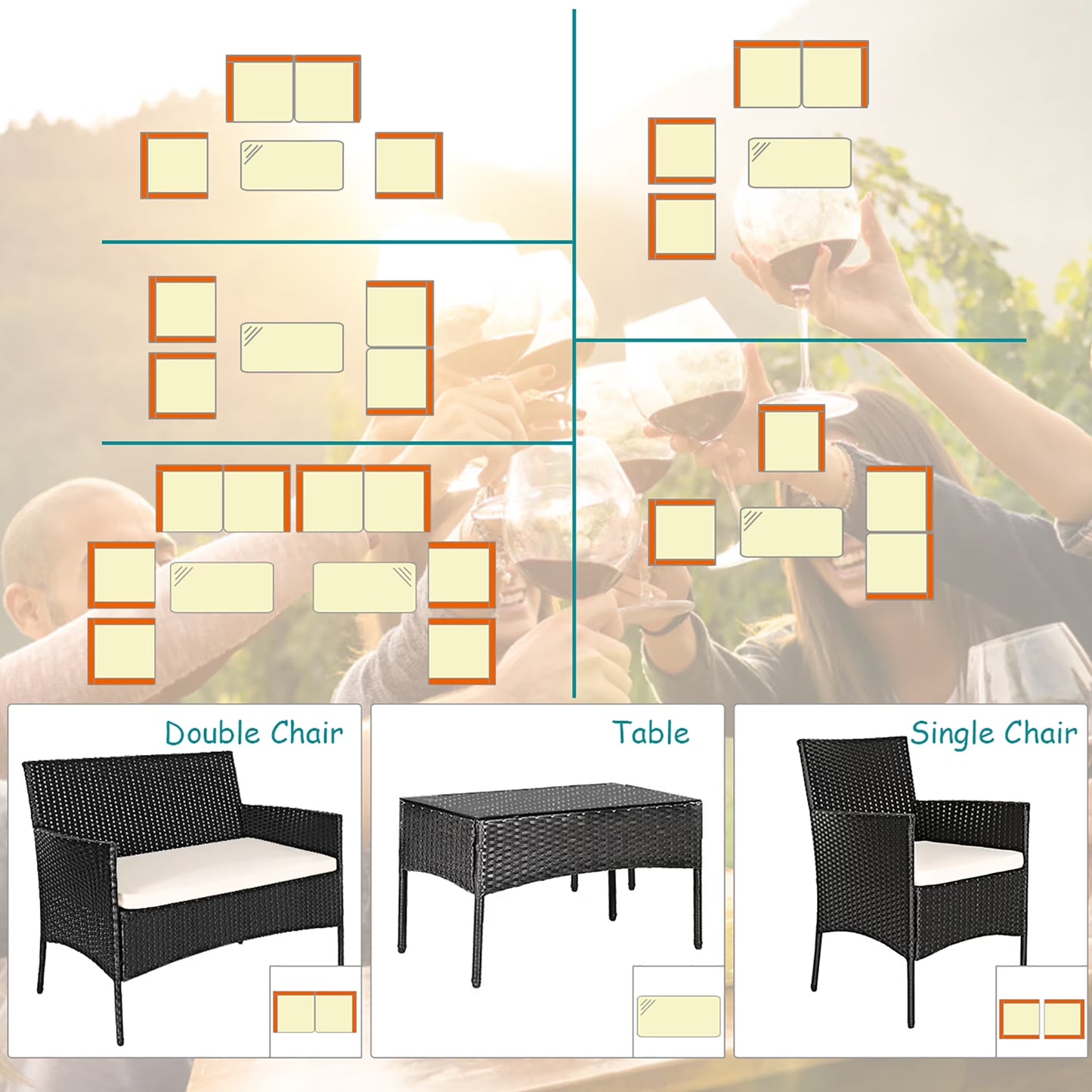 4PCS Patio Furniture Set Rattan Wicker Conversation Set Outdoor