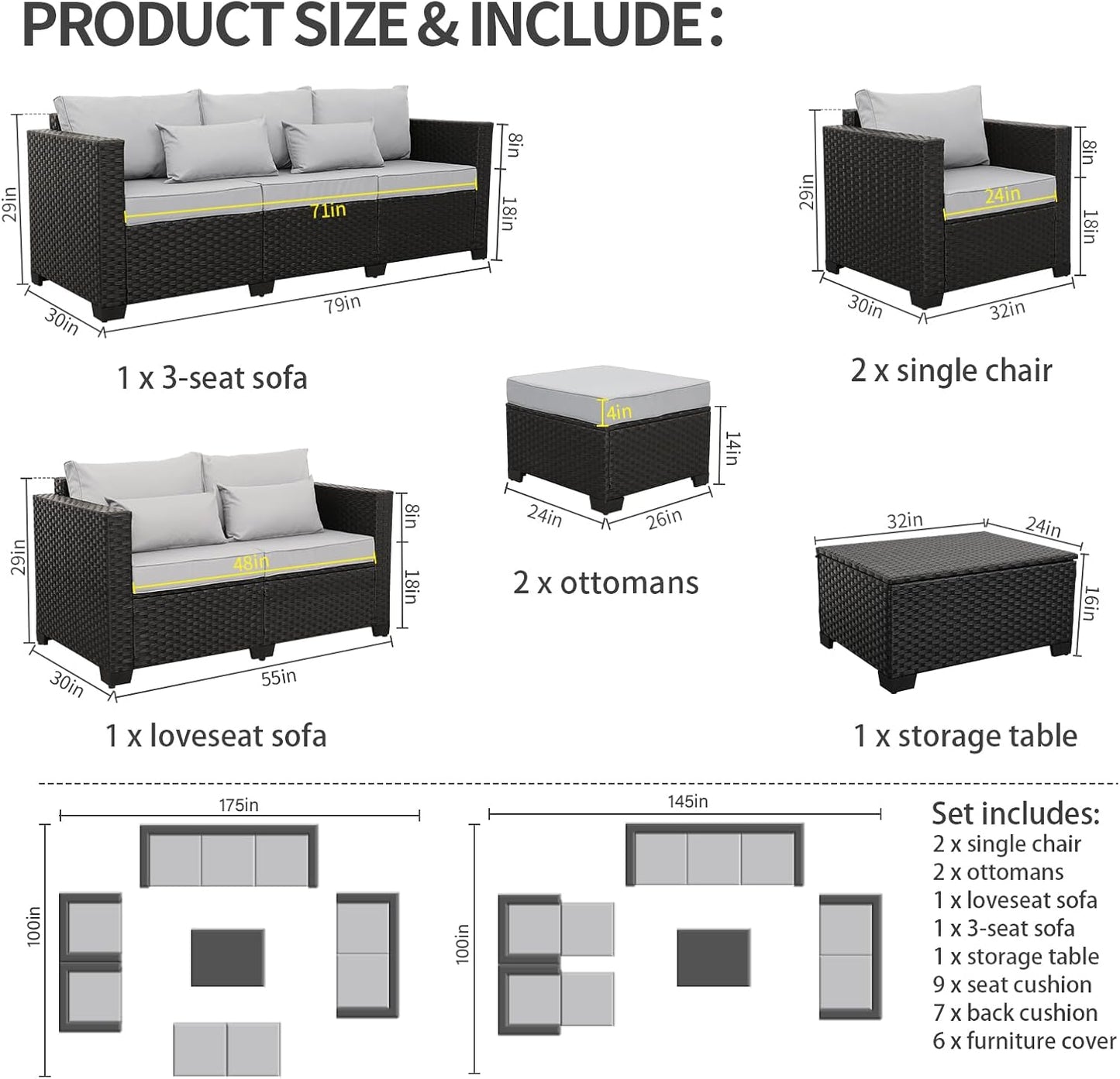 Patio Furniture Sets 7 Pieces Outdoor Furniture Sectional Patio Couches Set with Storage Table Light Grey Cushions