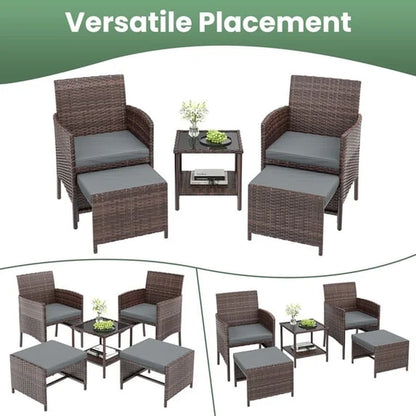 5 Piece Patio Furniture Set, Outdoor Patio Conversation Rattan Chair with Ottomans/Storage Coffee Table for Patio, Space Saving Design for Balcony Poolside Front Porch Deck,Brown Rattan, Gray