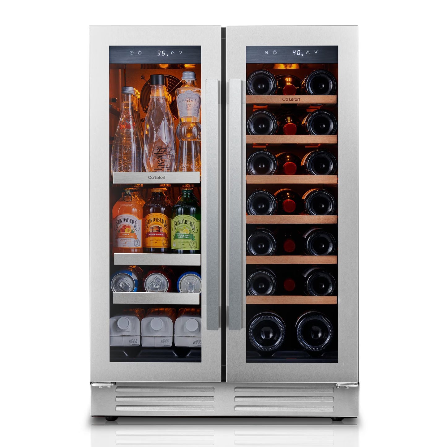 24 Inch Wine and Beverage Refrigerator, Hold 60 Cans and 21 Bottles Dual Zone Wine Fridge with Glass French Door, Built-In or Freestanding