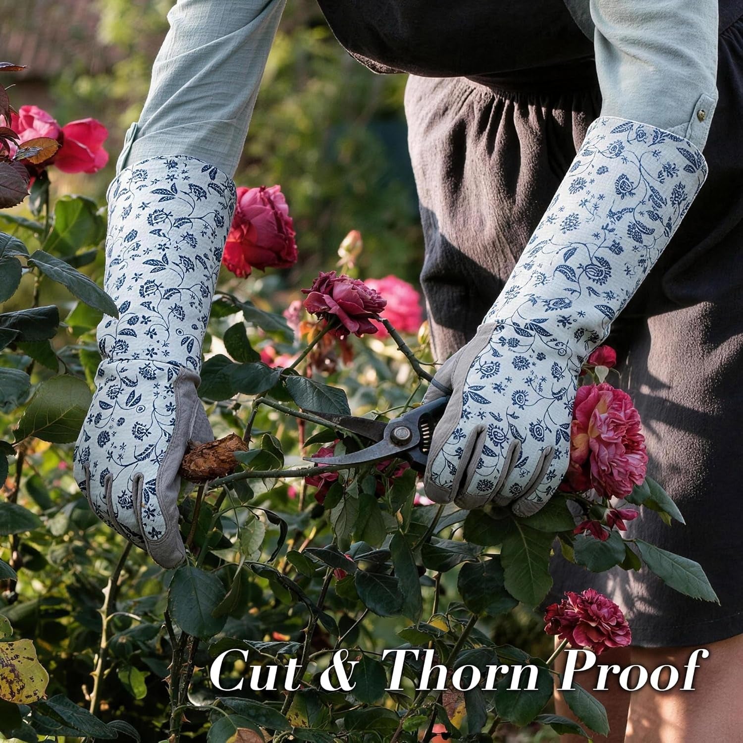 Long Sleeve Gardening Gloves for Women, Yard & Outdoor Work | Synthetic Leather Palms, Botanical Print, Elbow-Length, Breathable & Durability, Gifts for Gardeners, KG129