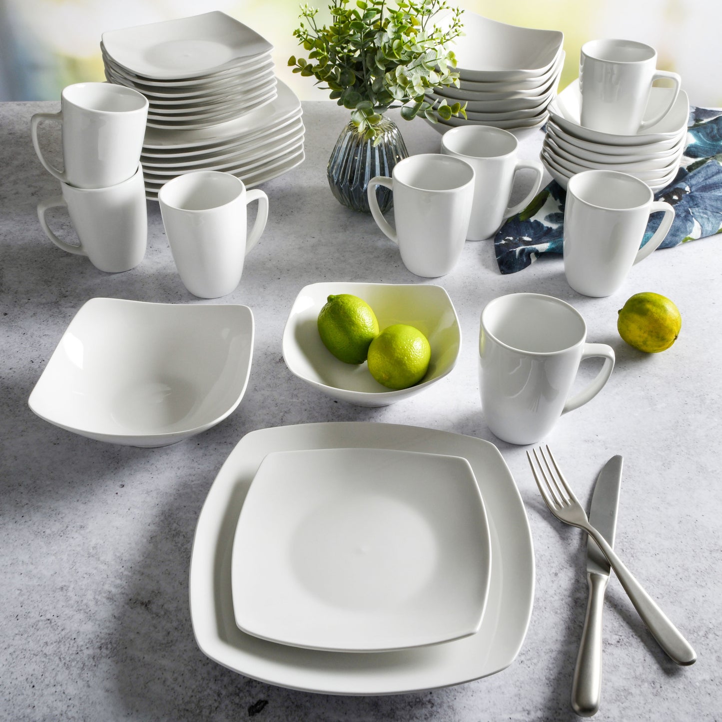 Everyday Square White Stoneware Dinnerware Set, 40-Piece