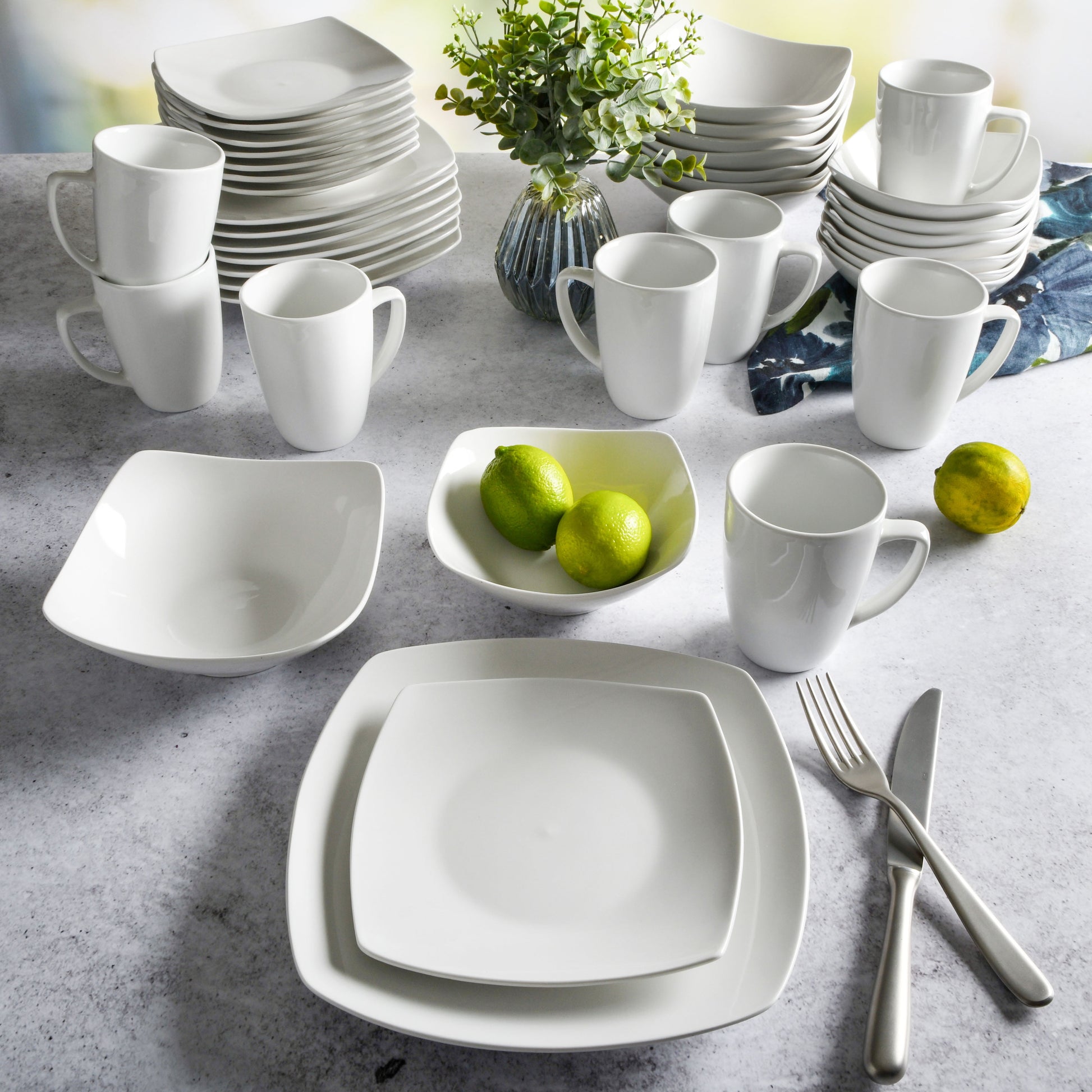 Everyday Square White Stoneware Dinnerware Set, 40-Piece