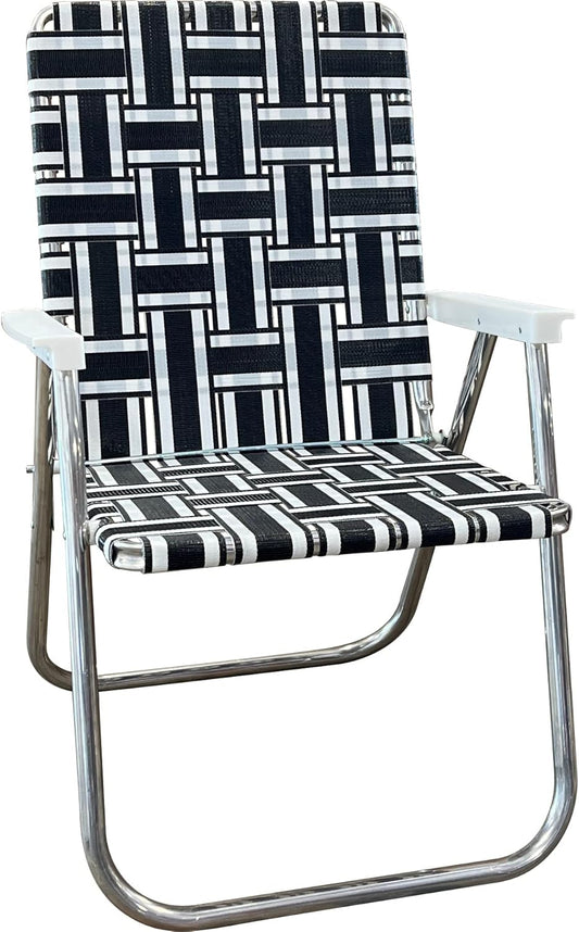 Folding Aluminum Outdoor Patio Lawn Chair | Heavy-Duty Webbed Chairs for Camping, Sports, Beach, Yard & Tailgating | Lightweight Portable | Classic - Black and White Stripe