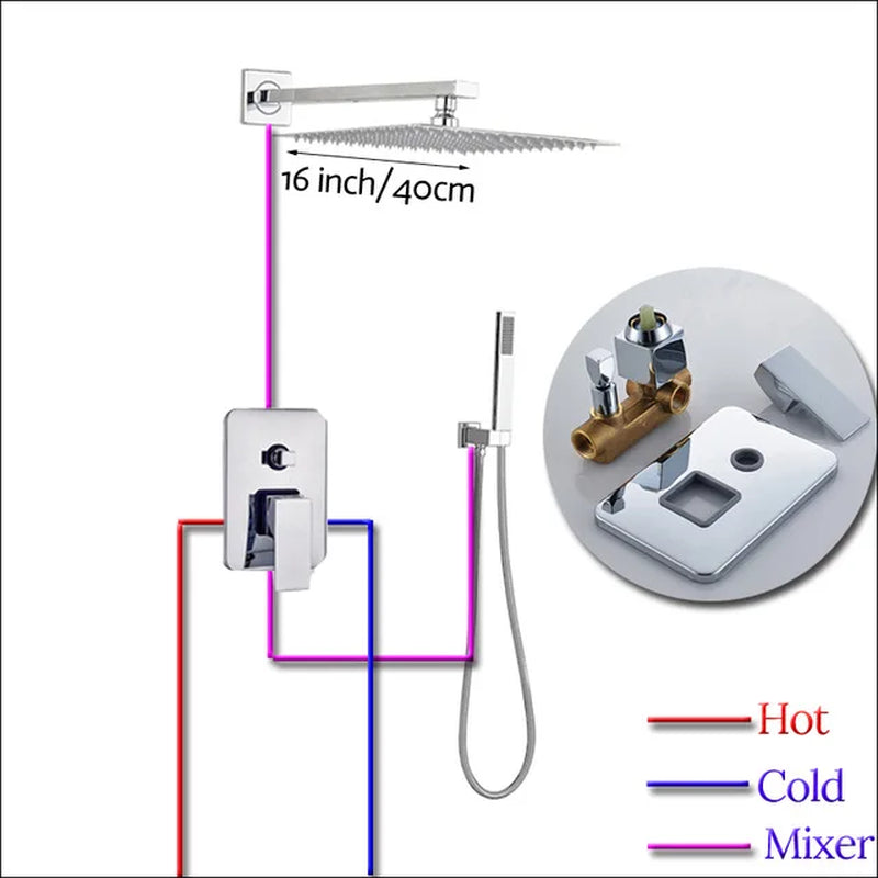 Wall Mount Rainfall Shower Faucet Set Chrome Concealed Bathroom Faucets System 16'' Head with Swivel Tub Spout Mixer Tap