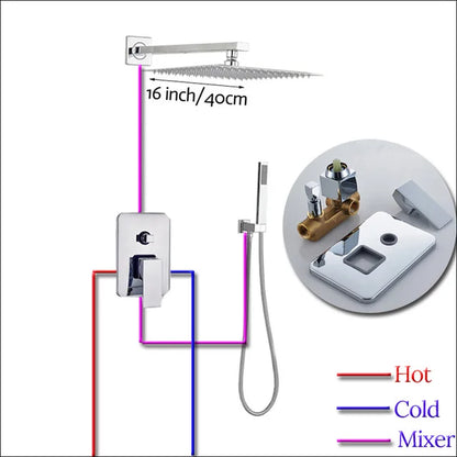 Wall Mount Rainfall Shower Faucet Set Chrome Concealed Bathroom Faucets System 16'' Head with Swivel Tub Spout Mixer Tap