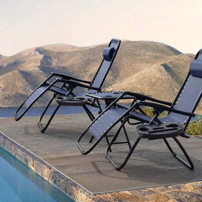 3 Pieces Zero Gravity Chair Patio Foldable Chaise Lounge Chairs 2 Beach Chairs and Table with Cup Holders,Blue