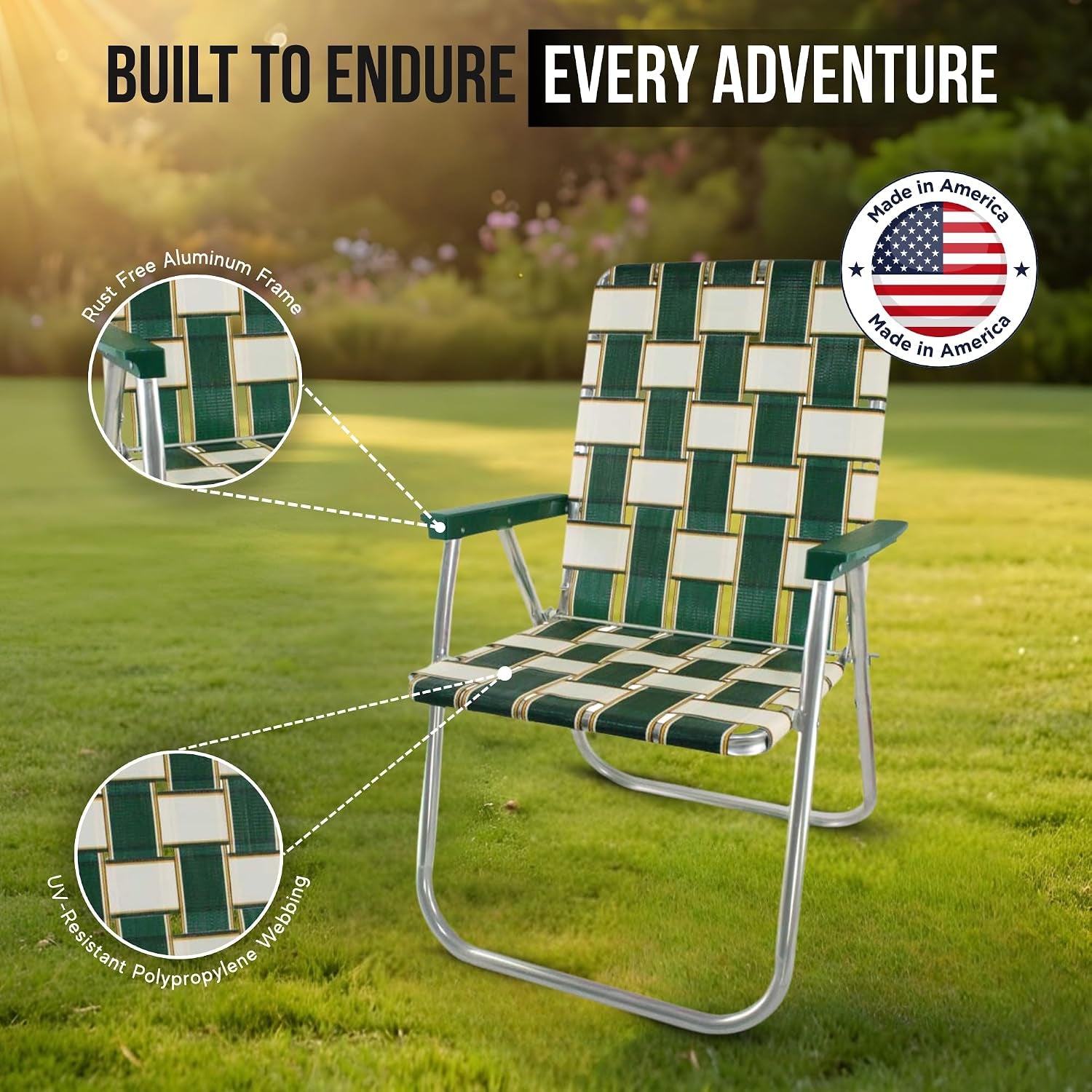 Folding Aluminum Outdoor Patio Lawn Chair | Heavy-Duty Webbed Chairs for Camping, Sports, Beach, Yard & Tailgating | Lightweight Portable | Classic - Black and White Stripe