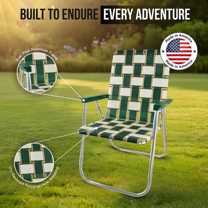 Folding Aluminum Outdoor Patio Lawn Chair | Heavy-Duty Webbed Chairs for Camping, Sports, Beach, Yard & Tailgating | Lightweight Portable | Classic - Black and White Stripe