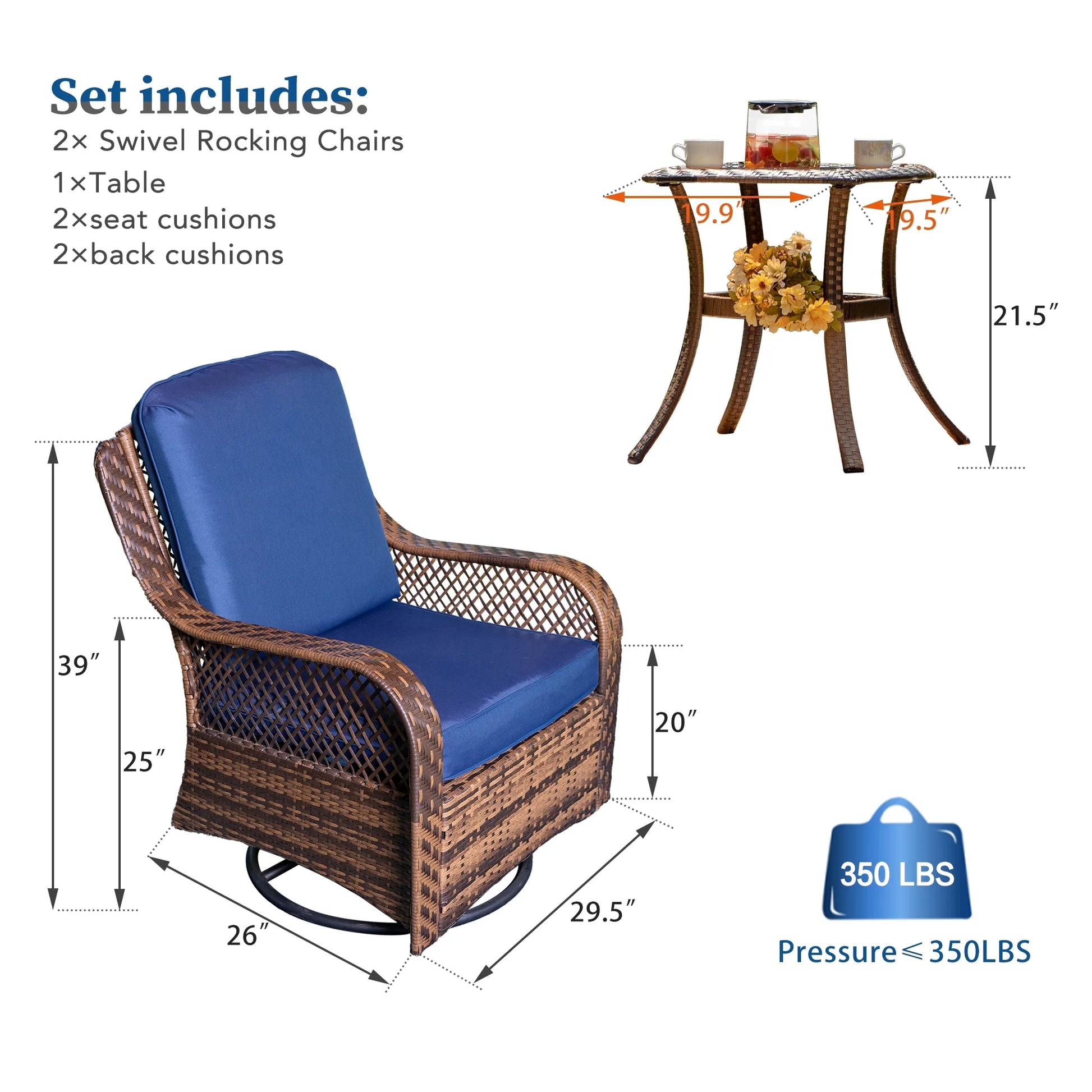 Rattan Swivel Rocking Chairs 3 PC Patio Conversation Set, Outdoor Bistro Set Lawn Garden with 2 Cushioned Chairs & 1 Side Table