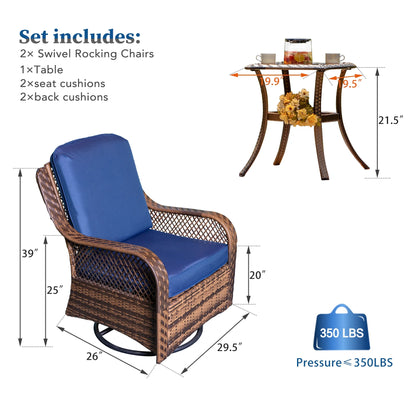 Rattan Swivel Rocking Chairs 3 PC Patio Conversation Set, Outdoor Bistro Set Lawn Garden with 2 Cushioned Chairs & 1 Side Table
