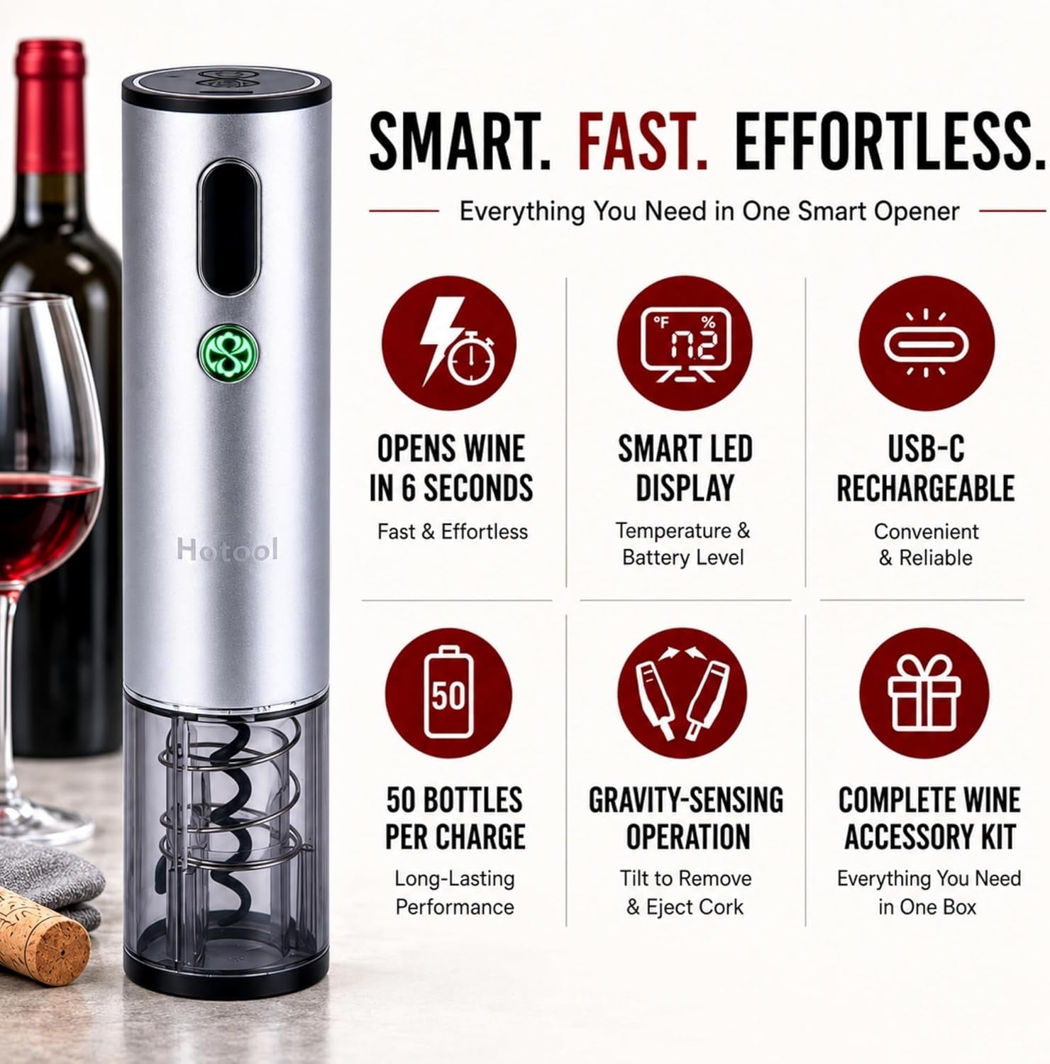 Electric Wine Opener with Wine Accessories -Rechargeable Wine Bottle Opener Set with Base, Wine Aerator, Foil Cutter and Wine Stoppers- Perfect Wine Gifts for Wine Lovers