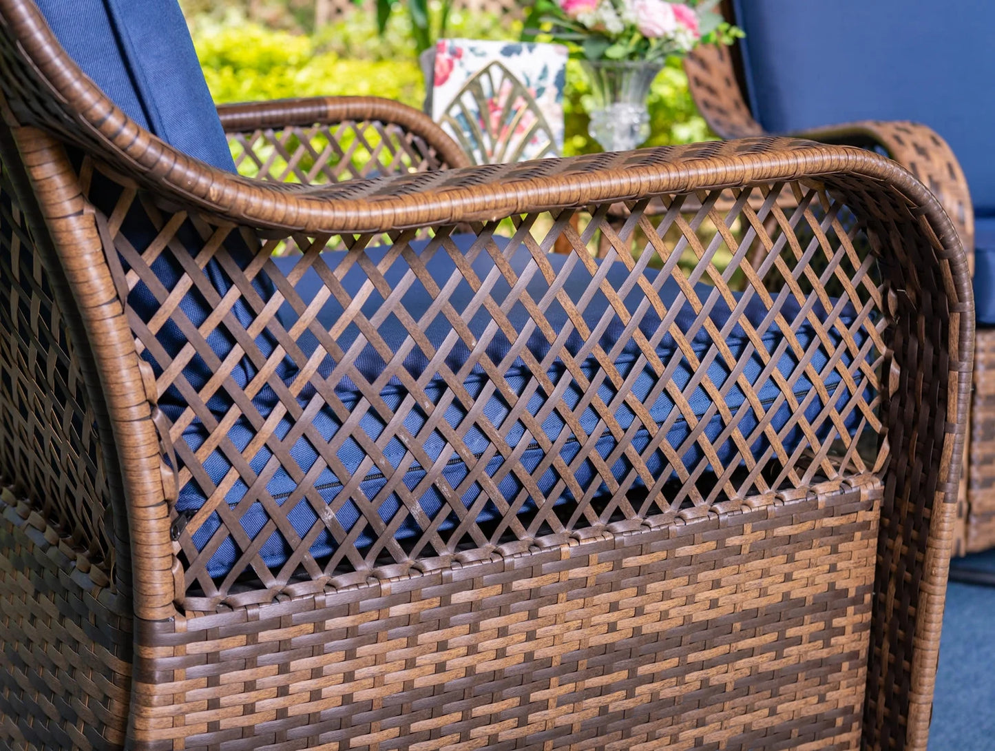 Rattan Swivel Rocking Chairs 3 PC Patio Conversation Set, Outdoor Bistro Set Lawn Garden with 2 Cushioned Chairs & 1 Side Table