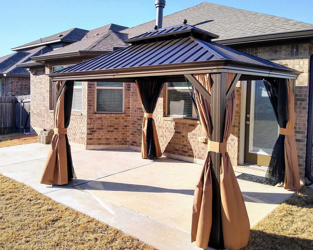 Outdoor Hardtop Gazebo 10' X 12' Bronze Metal 4.7" Wide Frame | Built-In Drainage Keeps Dry, Solid Steel Construction, Vented Roof Cooler Below, Netting & Curtains, Permanent Heavy Duty