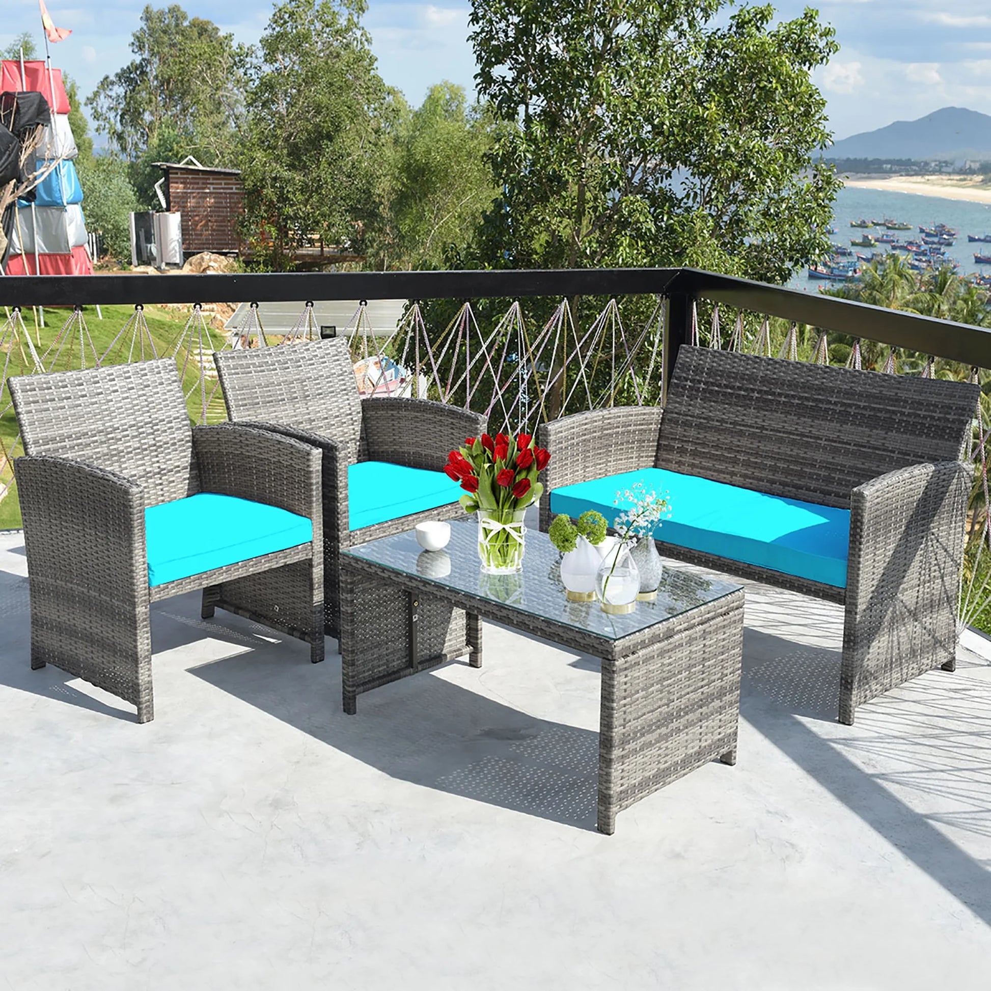 4PCS Patio Rattan Furniture Set Conversation Glass Table Top Cushioned
