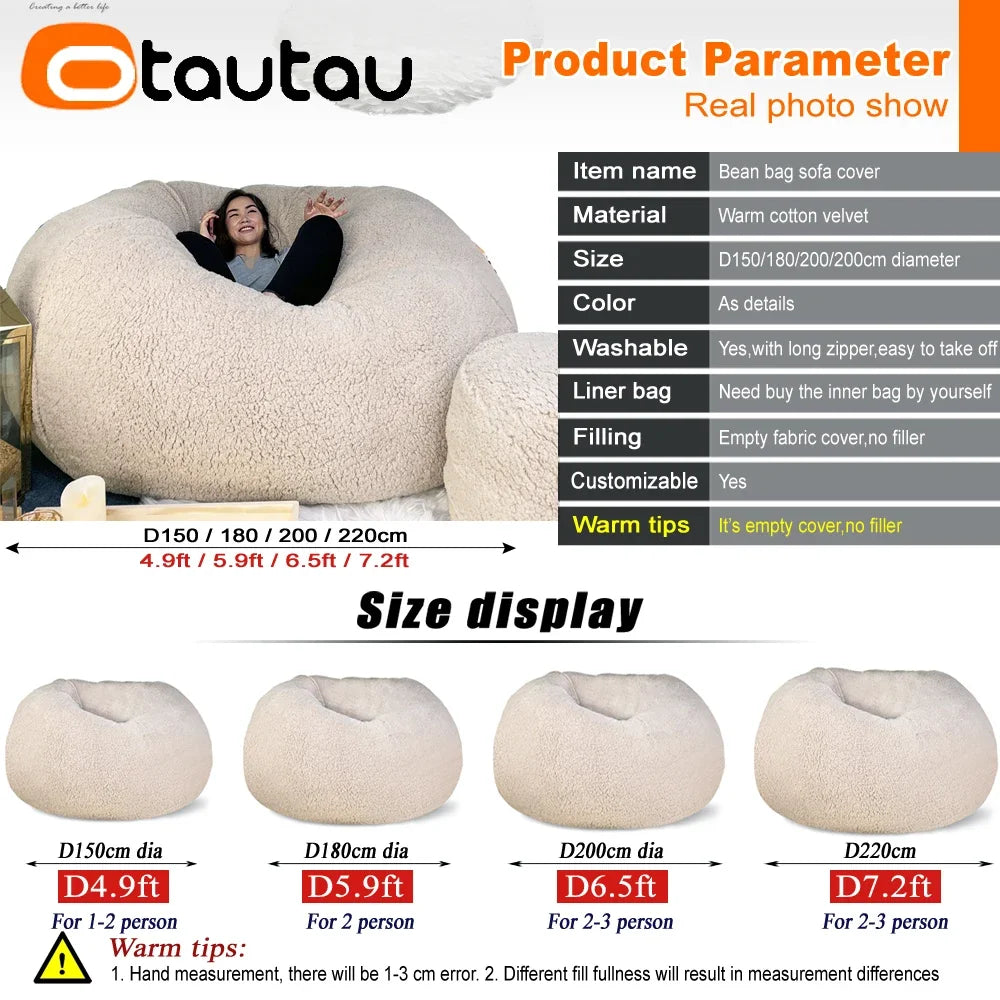 King Size Giant Sofa Sac Pouf Cover No Filling Soft Fluffy Bean Bag Chair Puff Couch Floor Corner Seat Futon DD007
