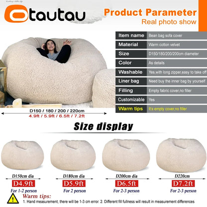 King Size Giant Sofa Sac Pouf Cover No Filling Soft Fluffy Bean Bag Chair Puff Couch Floor Corner Seat Futon DD007