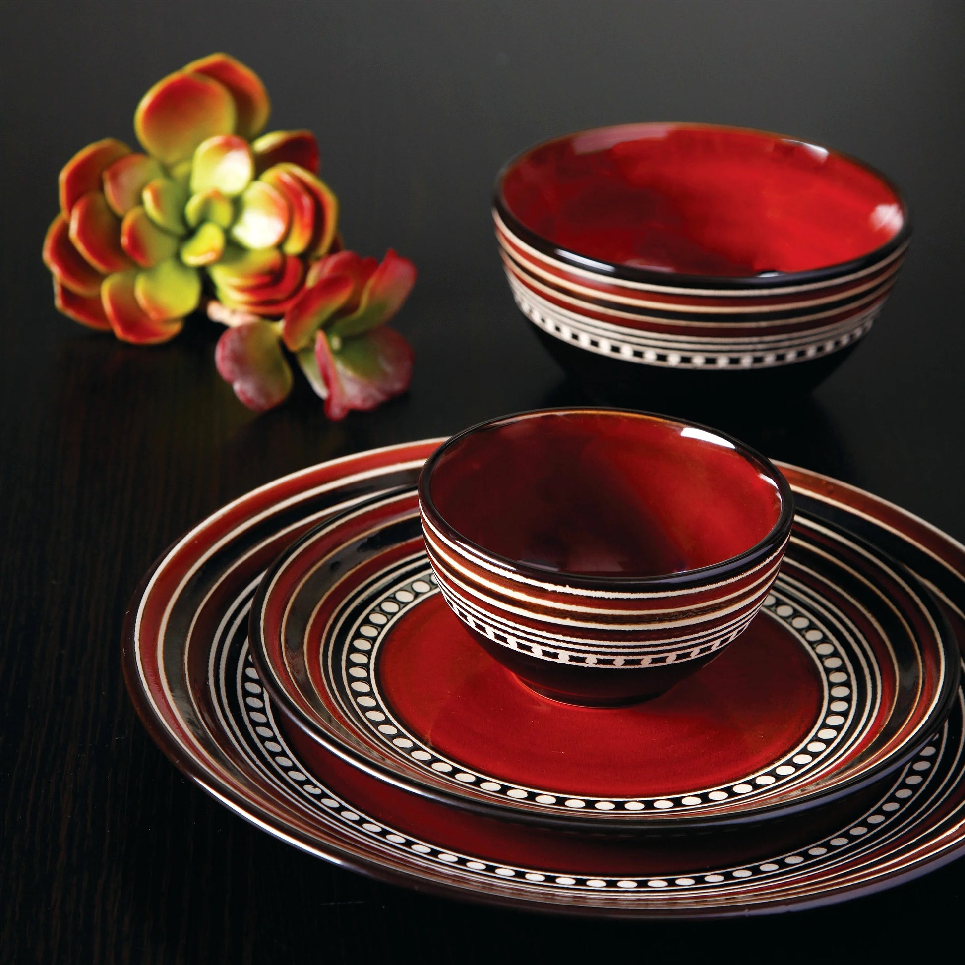 Gibson Elite Café Versailles 16 Piece Double Bowl Dinnerware Set - Red