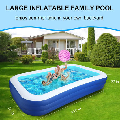 Inflatable Pool for Kids and Adults, 118" X 68" X 22" Oversized Thickened Family Swimming Pool for Toddlers, Outdoor, Garden, Backyard, Summer Water Party