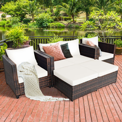 5PCS Patio Rattan Furniture Set Loveseat Sofa Ottoman Cushioned White