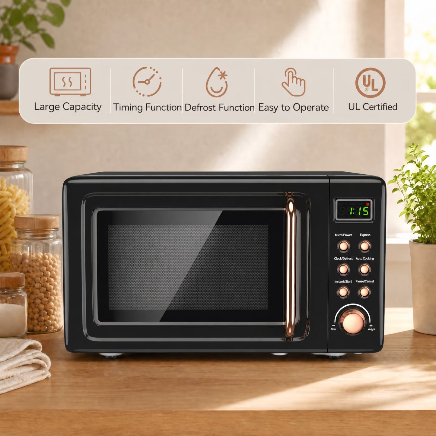 0.7 Cu.Ft Retro Countertop Microwave Oven 700W LED Display Glass Turntable Rose Gold