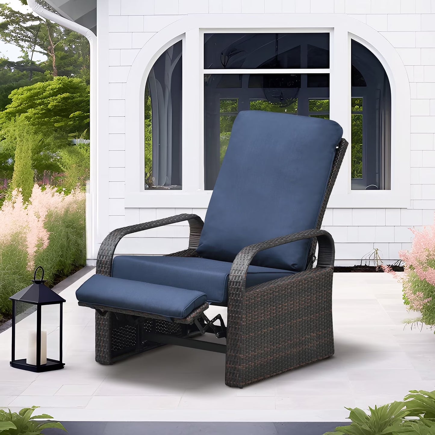 Outdoor Patio Adjustable Wicker Reclining Chair,Navy Blue