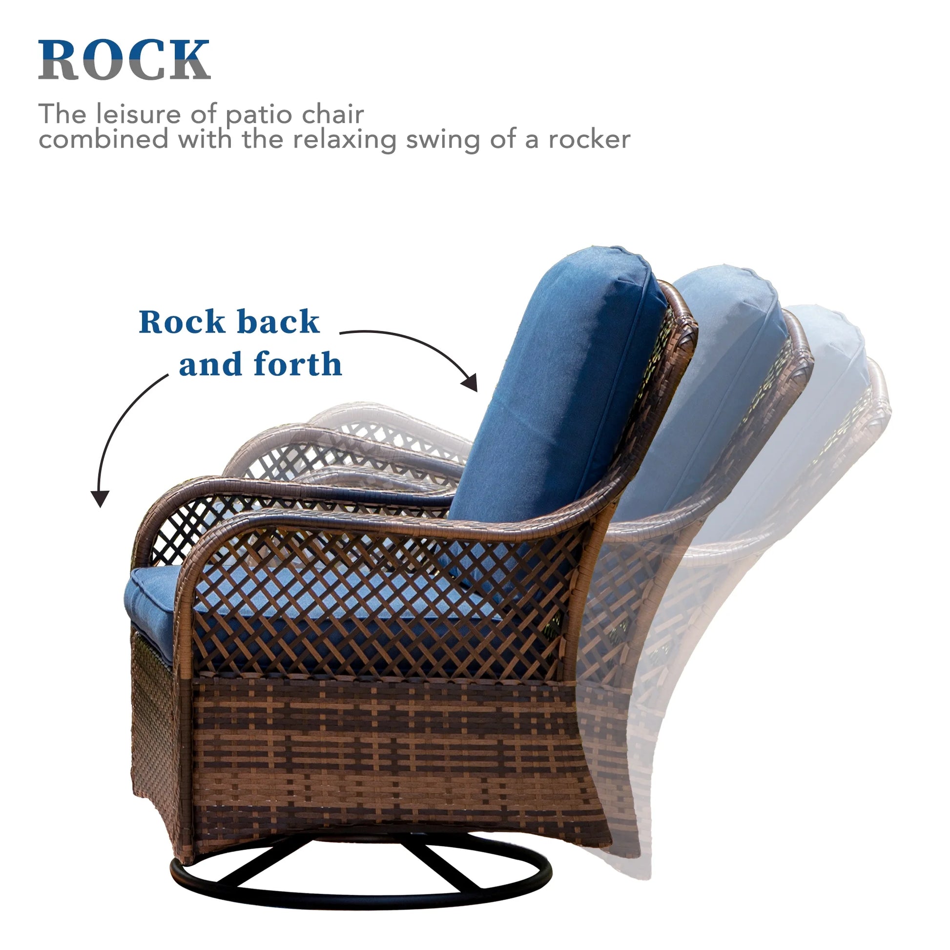 Rattan Swivel Rocking Chairs 3 PC Patio Conversation Set, Outdoor Bistro Set Lawn Garden with 2 Cushioned Chairs & 1 Side Table