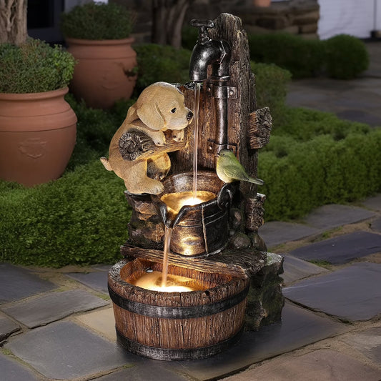 Outdoor Water Fountain, 25 Inch Whimsical Puppy Dog Resin Water Fountains Indoor with LED Lights