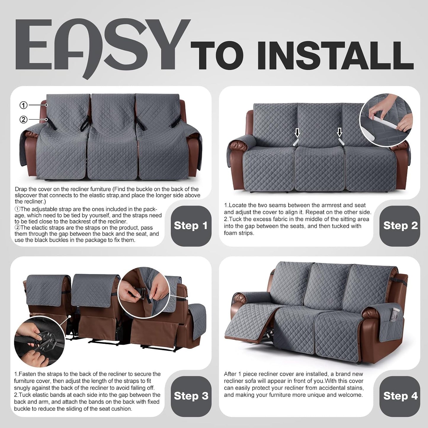 100% Waterproof Recliner Sofa Cover, Reclining Couch Covers for Pets, Dogs, Recliner Couch Slipcover Furniture Protector with Elastic Straps for Kids(3 Seater, Dark Gray)