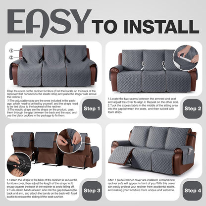 100% Waterproof Recliner Sofa Cover, Reclining Couch Covers for Pets, Dogs, Recliner Couch Slipcover Furniture Protector with Elastic Straps for Kids(3 Seater, Dark Gray)