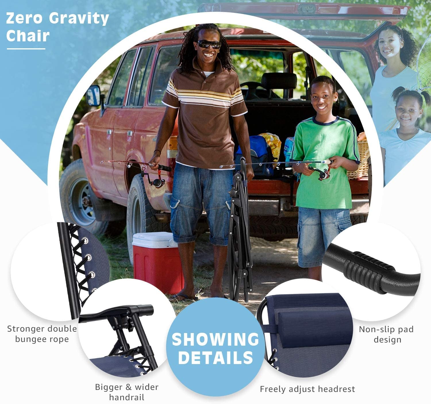 3 Pieces Zero Gravity Chair Patio Foldable Chaise Lounge Chairs 2 Beach Chairs and Table with Cup Holders,Blue
