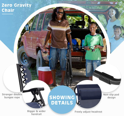 3 Pieces Zero Gravity Chair Patio Foldable Chaise Lounge Chairs 2 Beach Chairs and Table with Cup Holders,Blue