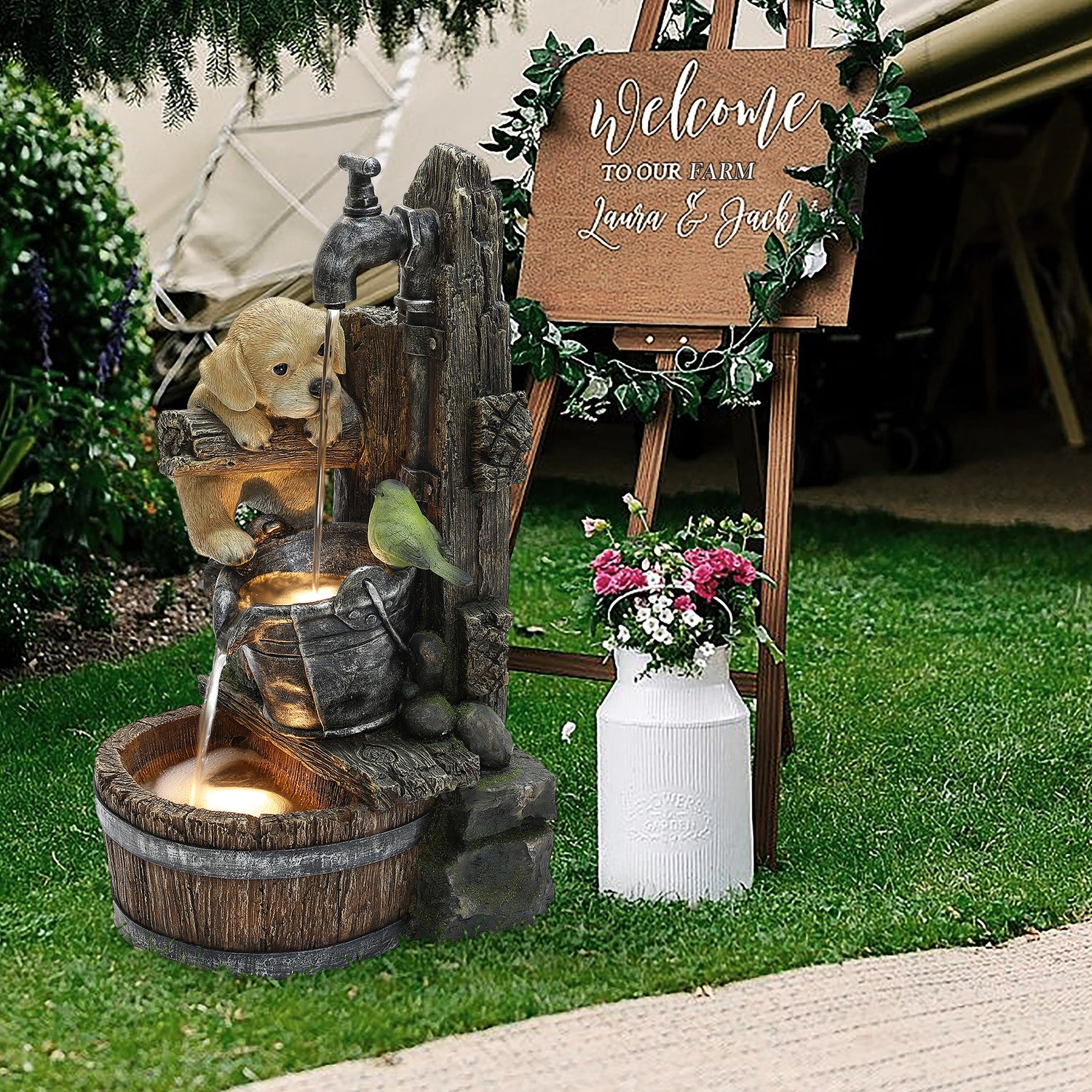 Outdoor Water Fountain, 25 Inch Whimsical Puppy Dog Resin Water Fountains Indoor with LED Lights