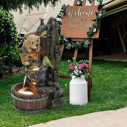 Outdoor Water Fountain, 25 Inch Whimsical Puppy Dog Resin Water Fountains Indoor with LED Lights