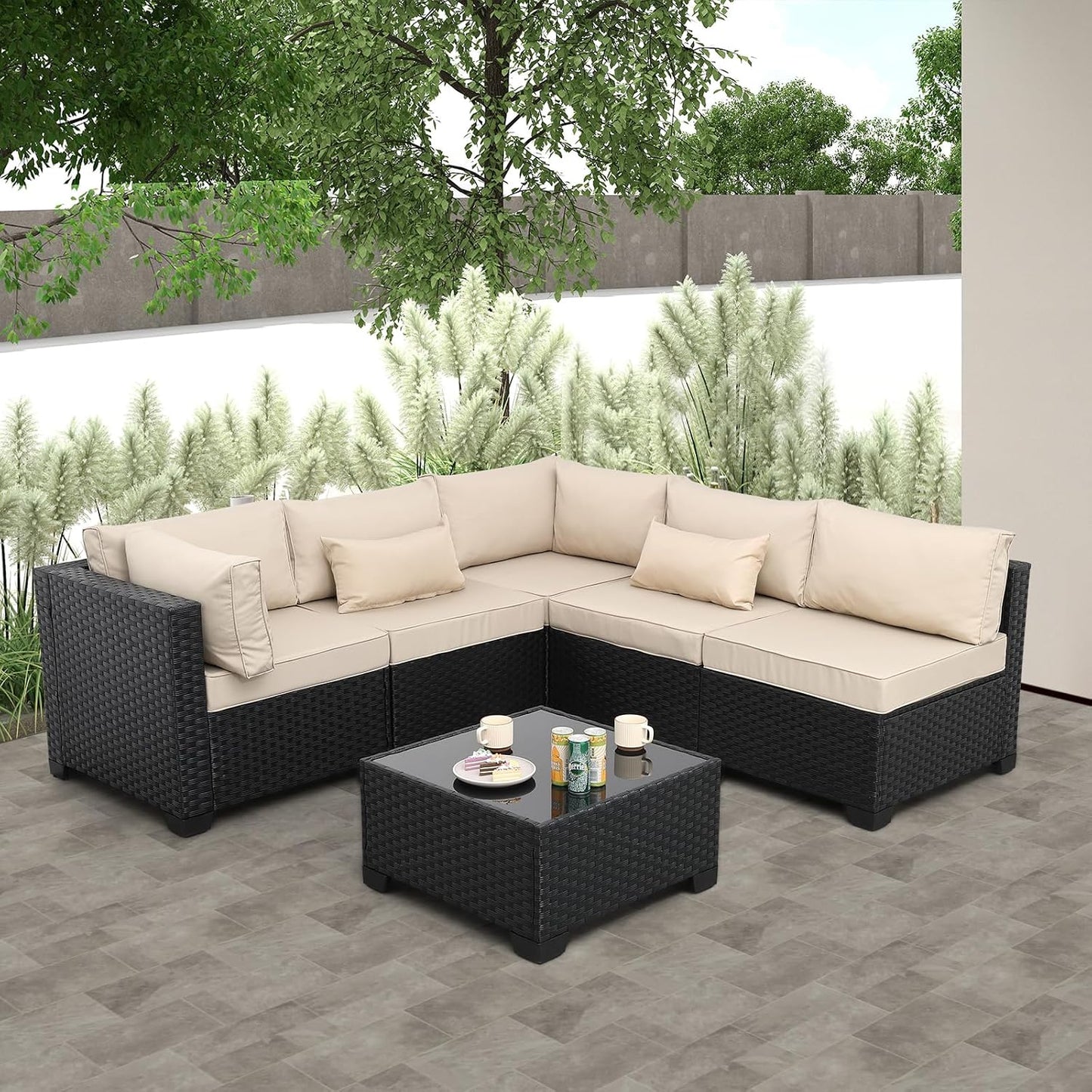 Patio Sectional 6 Pieces All-Weather Wicker Patio Furniture Set Outdoor Sectional with Glass Table Non-Slip Cushions and Waterproof Cover, Khaki