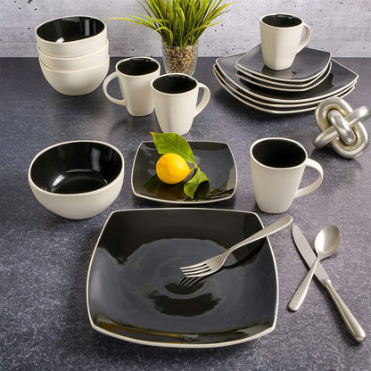 Soho Lounge Square Glazed 16 Piece Stoneware Set, Black and White