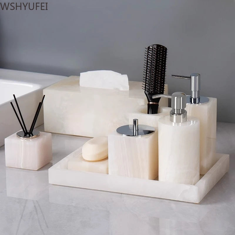 Light Luxury White Jade Stone Home Bathroom Wash Suit Bathroom Supplies Brush Tooth Cup Soap Bottle Soap Dish Toothbrush Holder