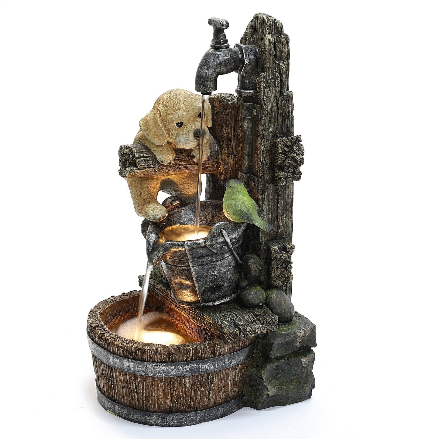 Outdoor Water Fountain, 25 Inch Whimsical Puppy Dog Resin Water Fountains Indoor with LED Lights