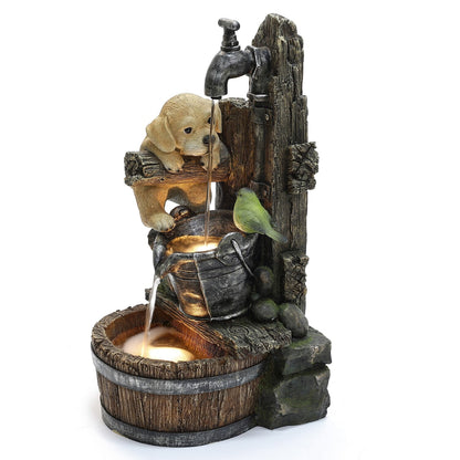 Outdoor Water Fountain, 25 Inch Whimsical Puppy Dog Resin Water Fountains Indoor with LED Lights