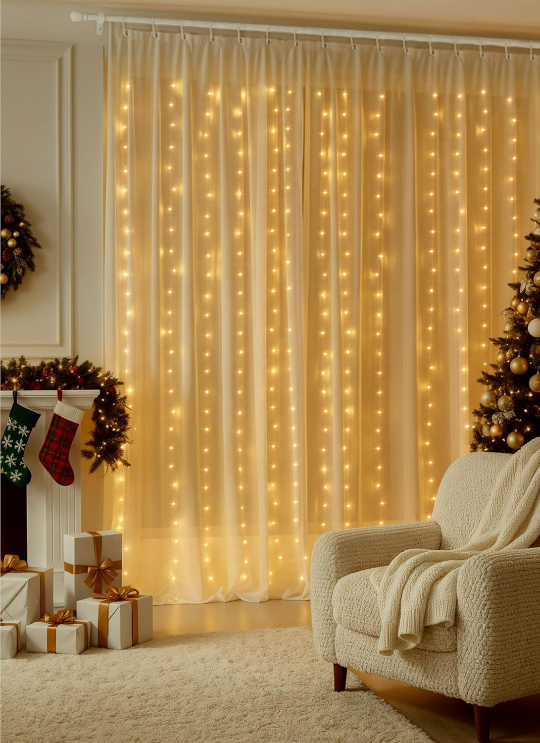300 LED Curtain Lights, 9.8 FT Plug in Fairy Lights for Bedroom, 8 Lighting Modes, Christmas String Lights for Window Wall Wedding Party Birthday Christmas Decorations, Warm White