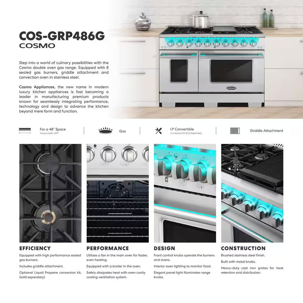 48 In. Vista Collection 6.6 Cu. Ft. Double Oven Gas Range, 8-Burners, LED Panel, Cast Iron Grates, Stainless Steel