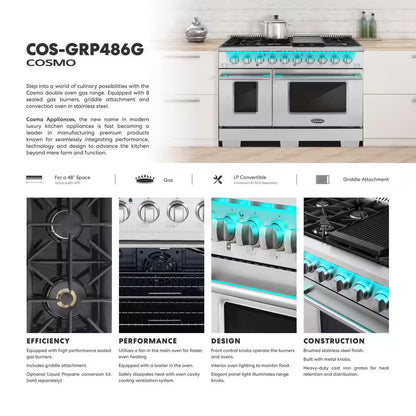 48 In. Vista Collection 6.6 Cu. Ft. Double Oven Gas Range, 8-Burners, LED Panel, Cast Iron Grates, Stainless Steel