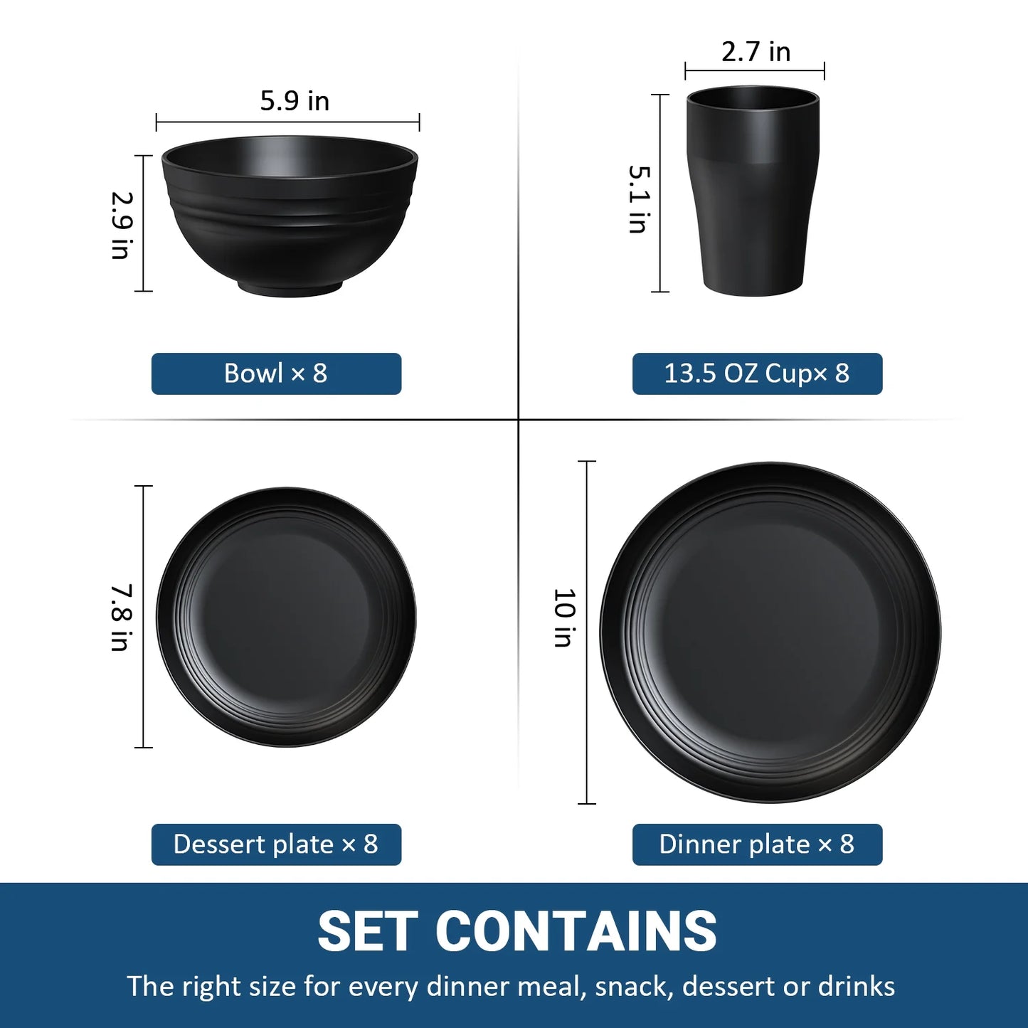 Wheat Straw Dinnerware Sets, Service for 8, 32 PCS Unbreakable Dinnerware,Microwave Dishwasher Safe - Black