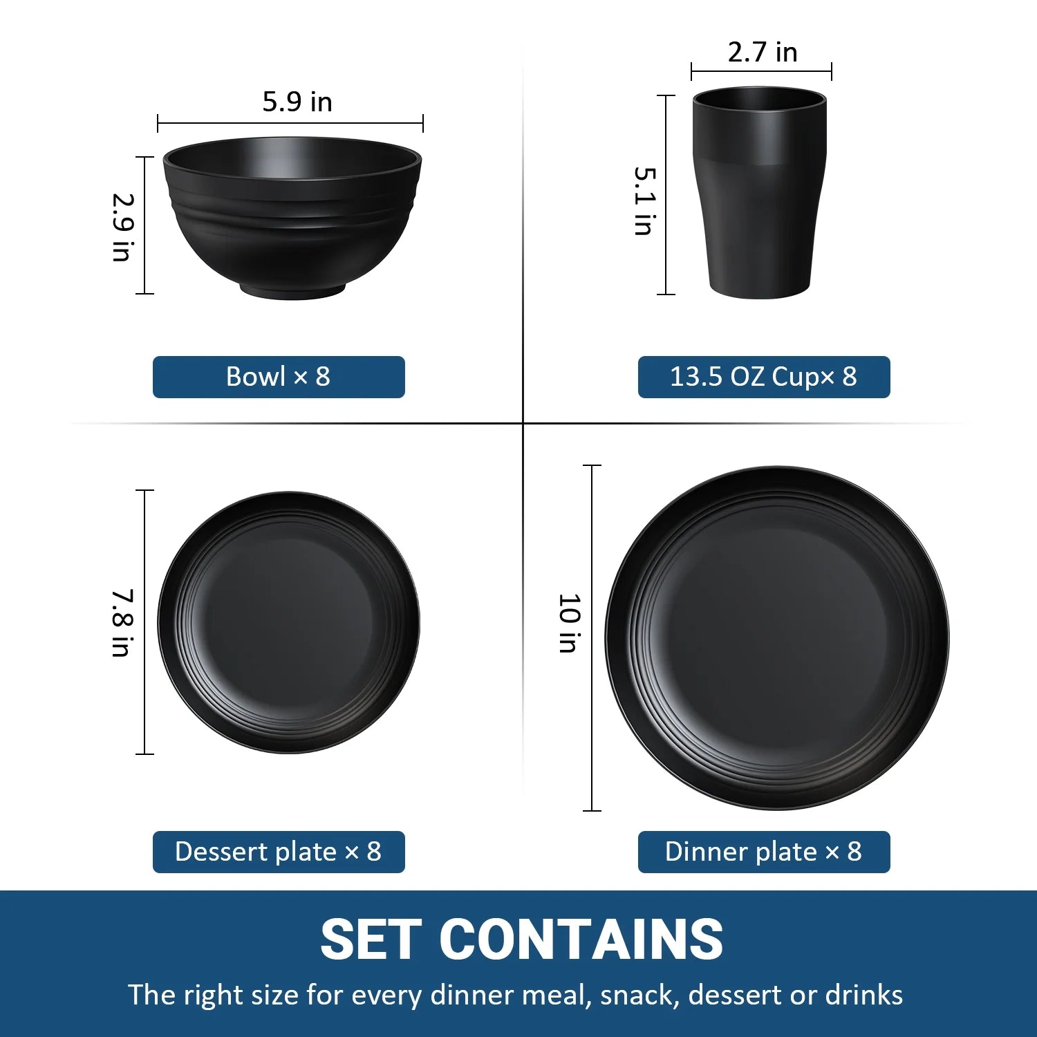 Wheat Straw Dinnerware Sets, Service for 8, 32 PCS Unbreakable Dinnerware,Microwave Dishwasher Safe - Black