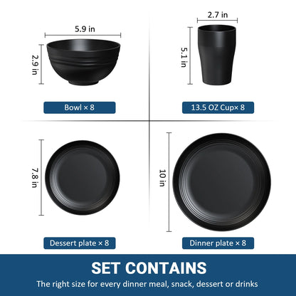 Wheat Straw Dinnerware Sets, Service for 8, 32 PCS Unbreakable Dinnerware,Microwave Dishwasher Safe - Black