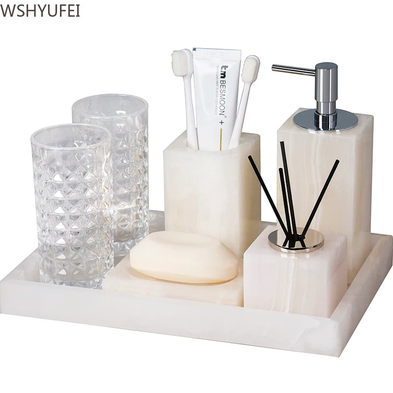 Light Luxury White Jade Stone Home Bathroom Wash Suit Bathroom Supplies Brush Tooth Cup Soap Bottle Soap Dish Toothbrush Holder